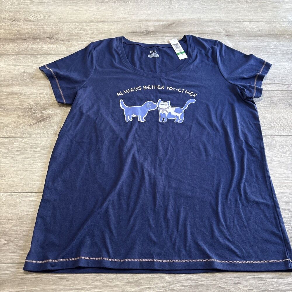 NWT Hue Sleep T-Shirt Navy Scoop Neck Always Better Together Dog Cat Women Large